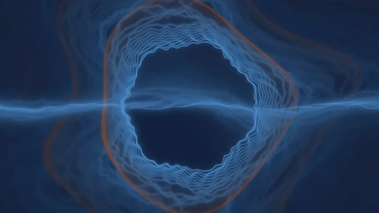 Motion Magic playing its Warp scene to music: the waveform as a ring and a line, smearing outward into a tunnel of blue trails, with an orange burst on each beat