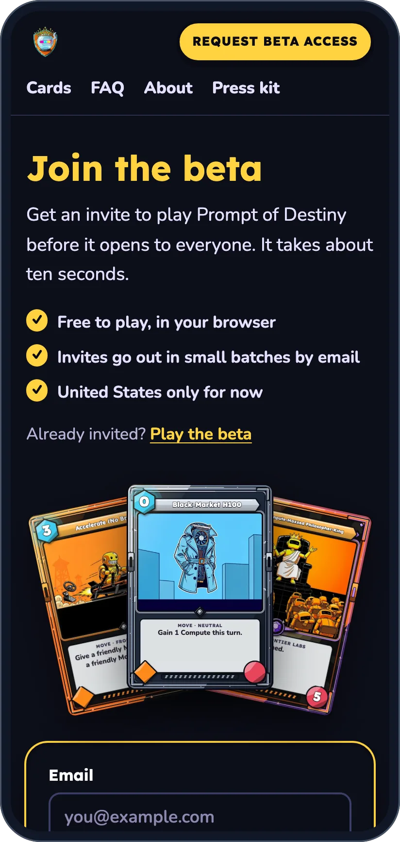 The Prompt of Destiny beta page on a phone: Join the beta, what players get, a Request beta access button and three of the game’s cards floating gently