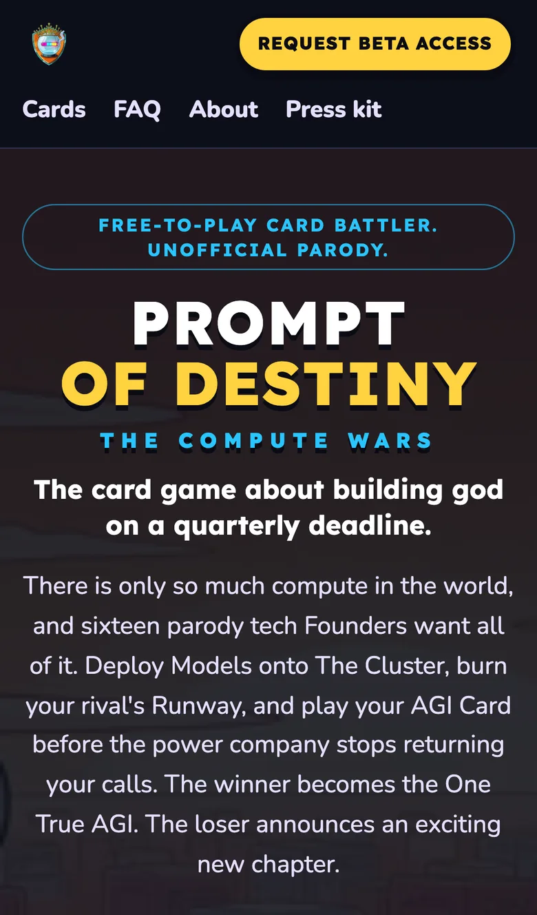 The Prompt of Destiny site on a phone: Request beta access, the title and the story of the Compute Wars
