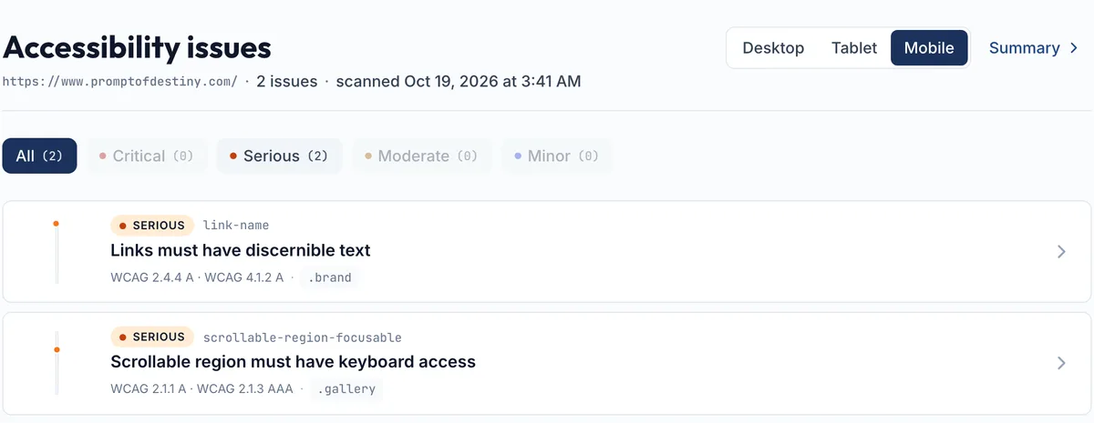 Siftlight’s issue list for the same scan on mobile: two serious issues, links must have discernible text and a scrollable region must have keyboard access, each with its WCAG criteria
