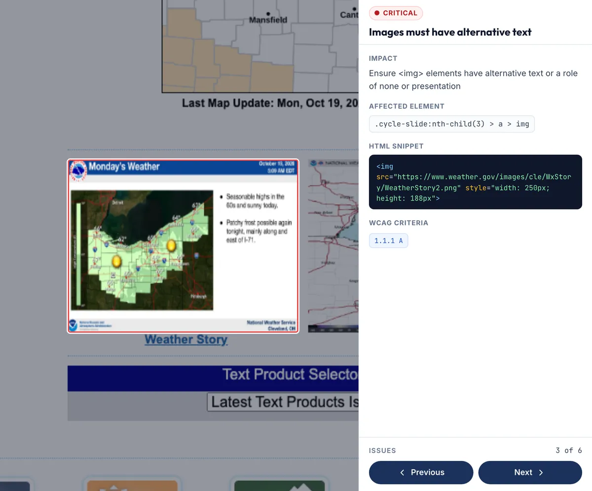 Siftlight showing a real scan of weather.gov, issue by issue: each of its six issues outlined on the page of the National Weather Service in Cleveland, from its Weather Story graphic, an image with no alternative text, to a select with no accessible name, each with its impact, the affected element, its code and the WCAG criterion